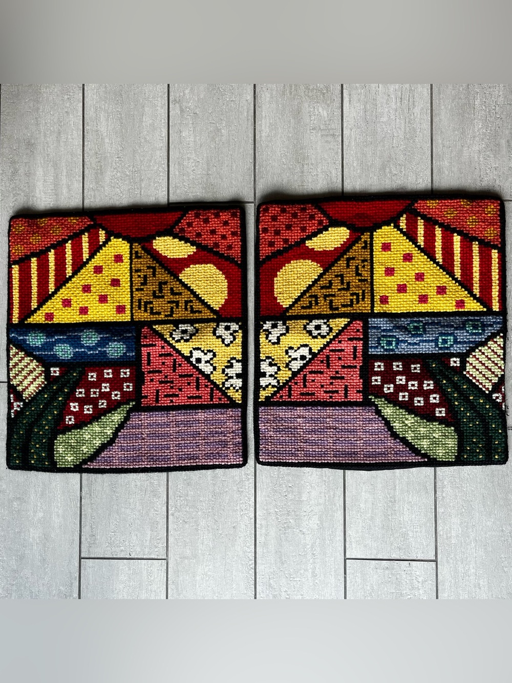 2PC Vintage Needlepoint Tapestry Throw Pillows Retro Patchwork 17x16 Set of Two